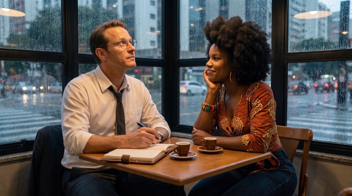 Klaus y Thaís conversan ante dos espressos en un café lluvioso cerca de la Avenida Paulista.