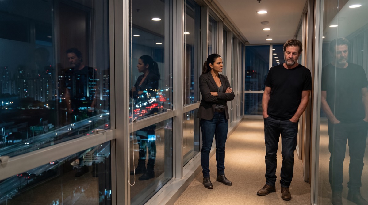 Adriana confronta a Stefan junto a las ventanas con vistas a São Paulo de noche.