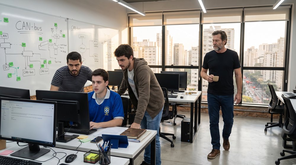Rodrigo liest die E-Mail aus Passau, während Stefan im Büro des Navigationsteams auf ihn zukommt