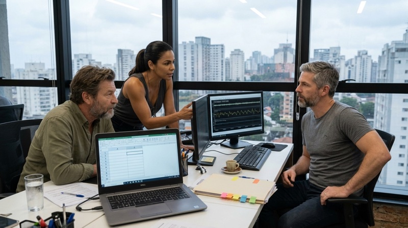 Stefan Richter, Adriana Costa, and Rodrigo Andrade in a São Paulo office with a laptop, signal-trace monitor, folder, espresso cup, and drinking glass.