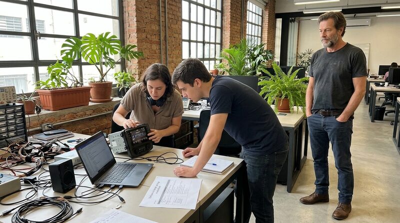 A radio developer tests playback controls on a bench head unit while a colleague and Stefan watch.