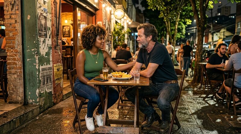 Júlia rests her hand on Stefan's forearm at a pavement table in Vila Madalena after rain.