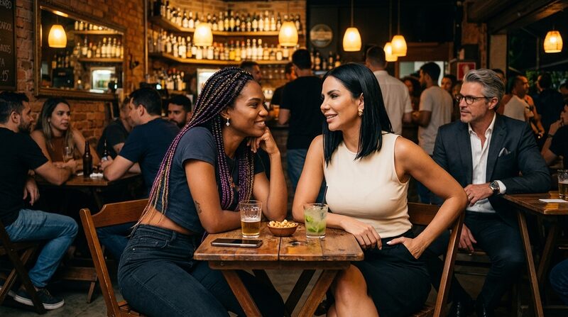 Dandara and Natalia sit close together at a Vila Madalena bar while Marcus watches from a separate table.