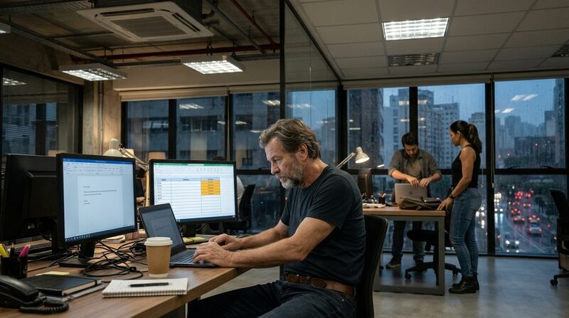 Stefan sits at his desk after sunset while Adriana stands beside a colleague packing his laptop beyond the glass wall.