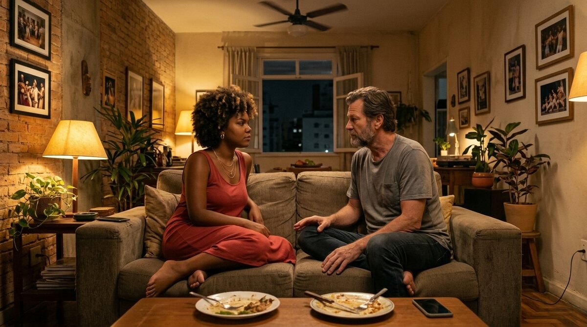 Júlia and Stefan sit close on her apartment sofa, facing each other in warm lamplight with his hand open between them.
