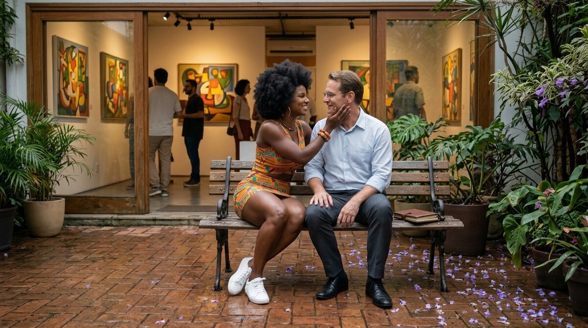 Thaís touches Klaus's cheek as they sit together in a São Paulo art gallery courtyard after a spring shower.
