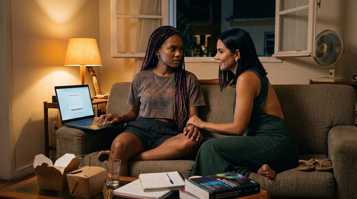 Natalia rests a hand against Dandara's wrist while Dandara pauses over a guest-channel invitation on her laptop at home.
