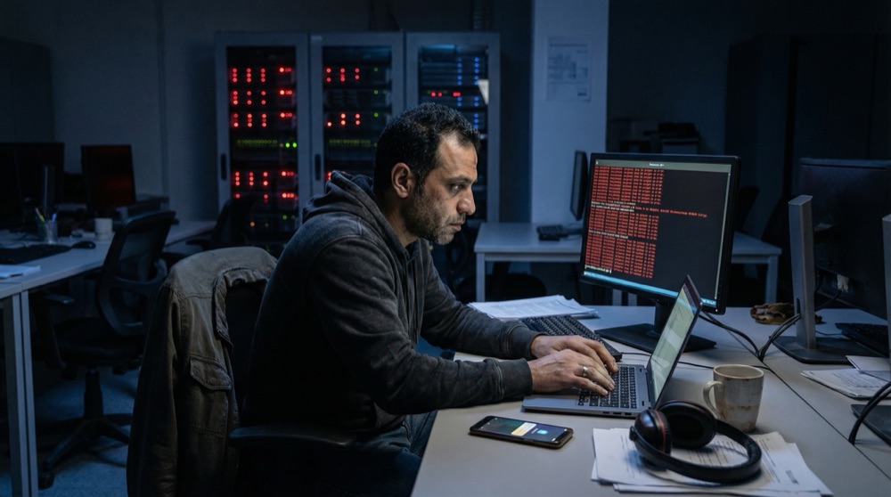 Hassan solo en su escritorio tarde en la noche