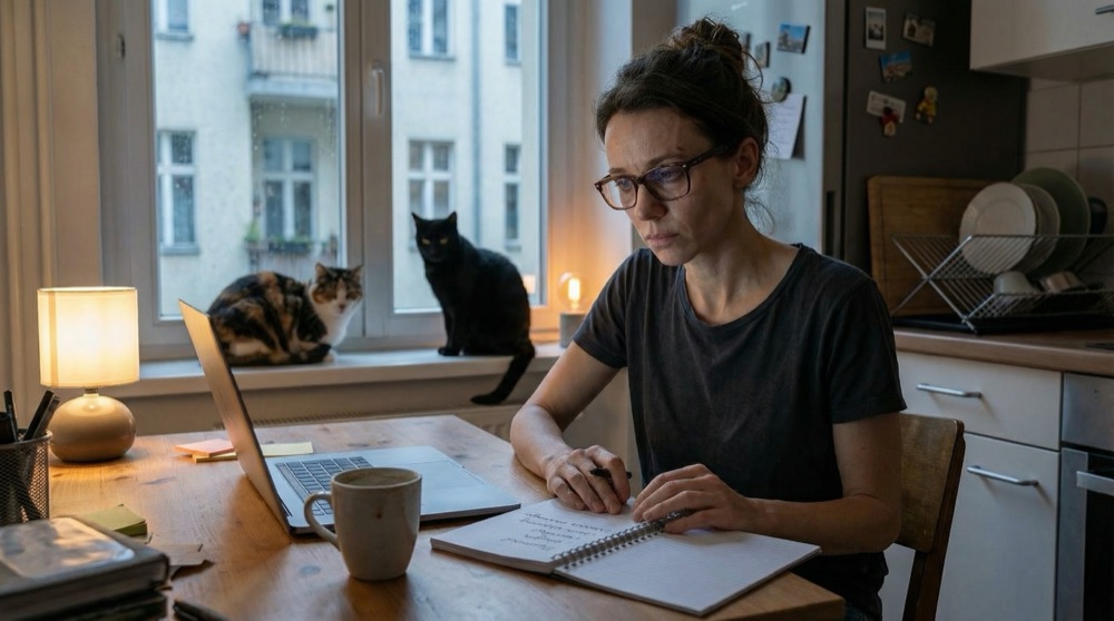 Katja en su mesa de cocina en Kreuzberg
