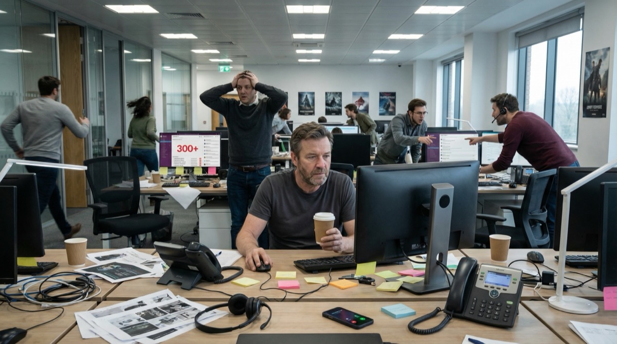 Marcus an seinem Schreibtisch umgeben von Support-Tickets