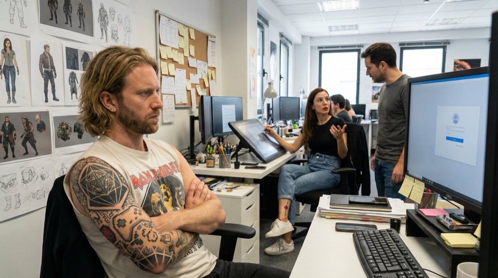 Lars an seinem Schreibtisch sitzend, Arme verschränkt