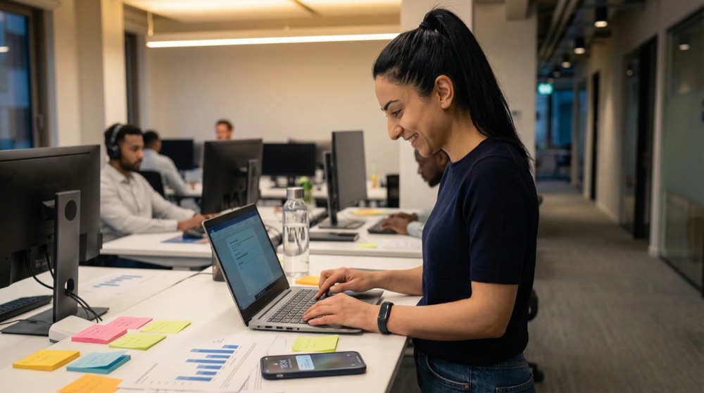 Elif an ihrem Schreibtisch Navigator schreibend