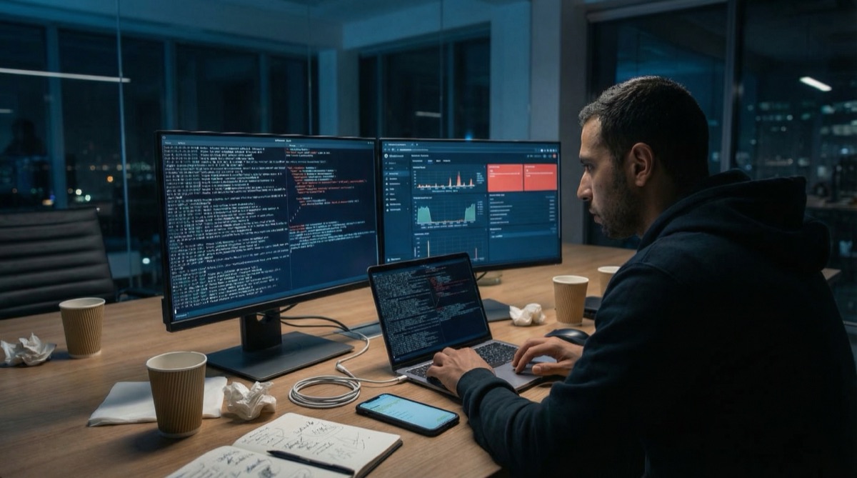 Hassan arbeitet spät nachts allein