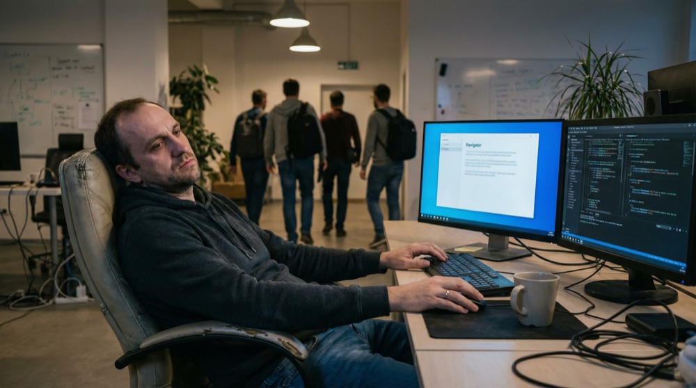 Vier neue Mitarbeiter packen Laptops am Ende ihres ersten Tages, unsichere Ausdrücke