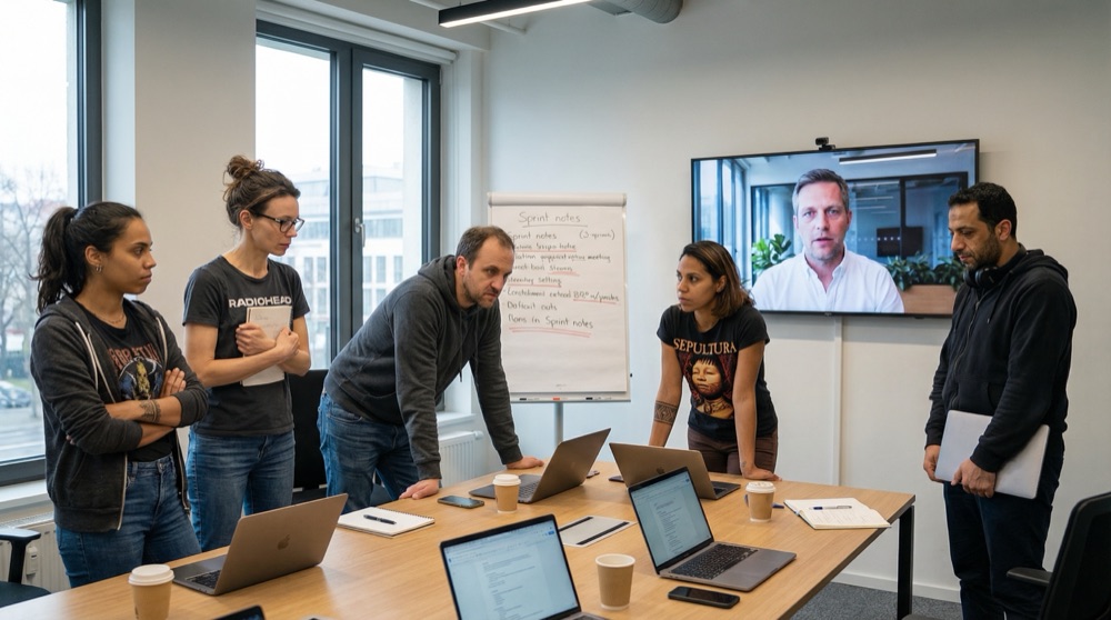 Entwicklungsteam versammelt für Standup-Meeting mit Lukas im Videocall