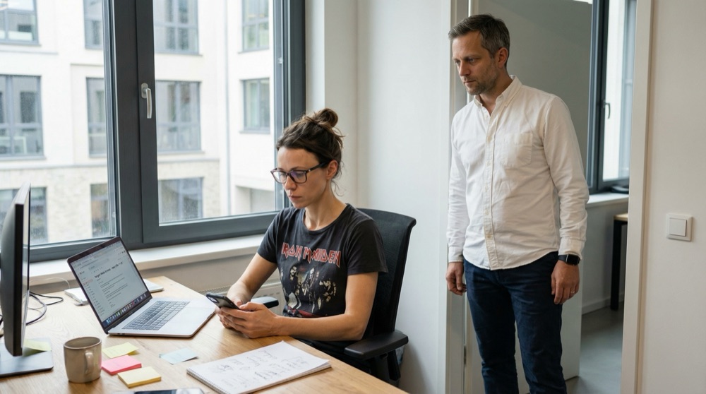 Katja und Lukas im Büro, Navigator-Synthesebericht auf Tablet reviewend