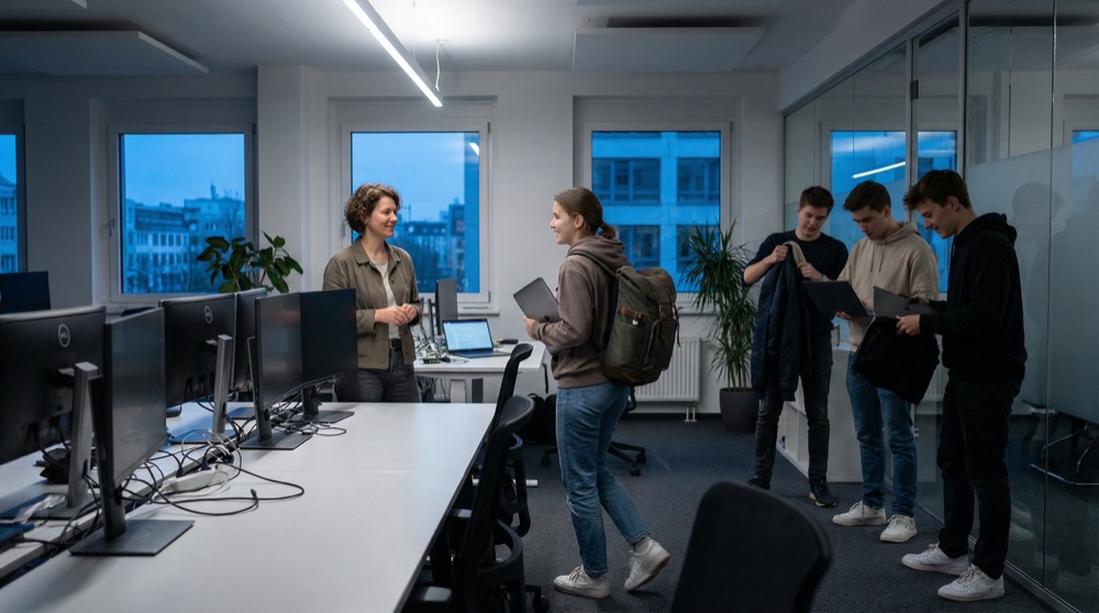 Sofia Mendez an ihrem Schreibtisch am Abend, Laptop mit leichtem Lächeln schließend