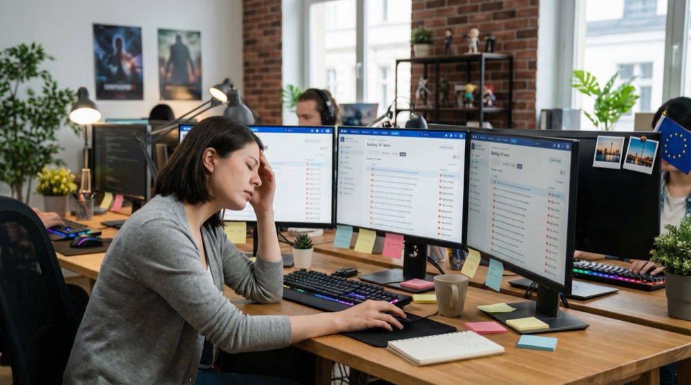 Ayşe Demir at her desk with three monitors showing an overwhelming Jira backlog