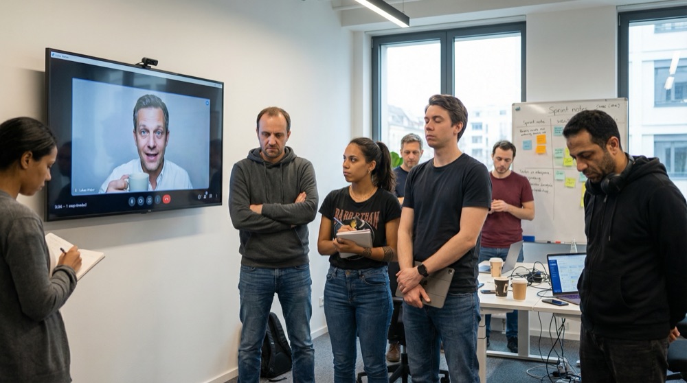 Development team gathered for morning standup, Lukas on video call screen