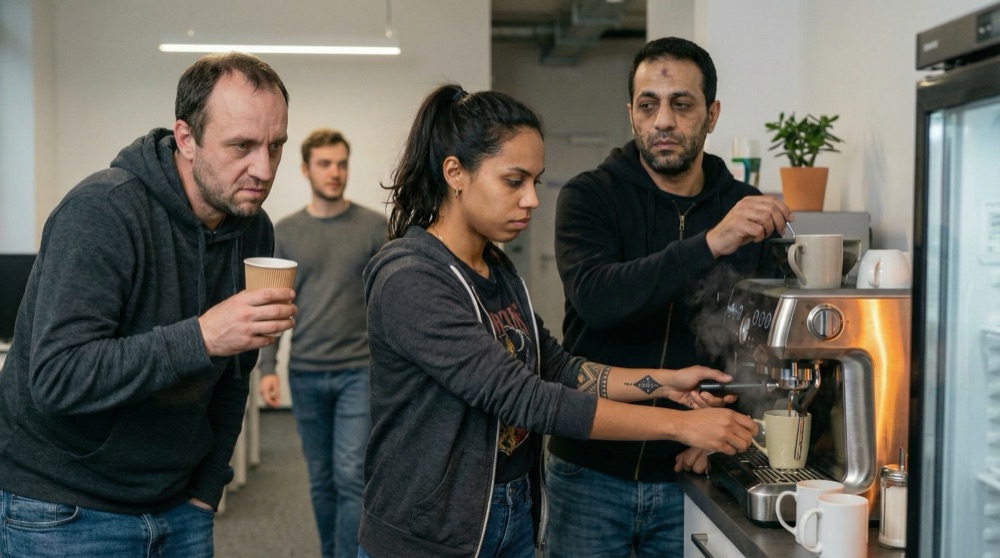 Tomasz, Mariana, and Hassan clustered by the coffee machine