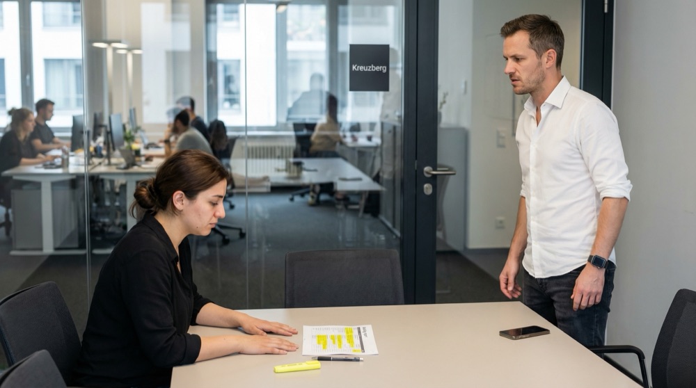 Ayşe sitting across from Lukas in a glass-walled conference room