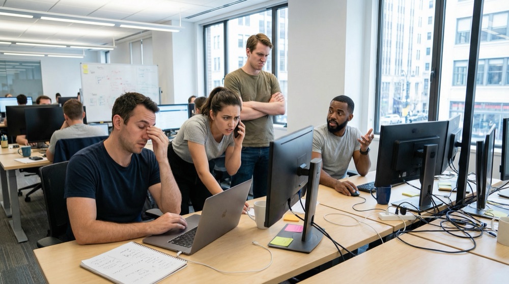 Multiple Navigator log windows showing consistent pattern of unclear priorities across all developers