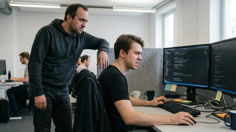 Tomasz leaning against Anton's desk partition, both looking frustrated, Anton's screen showing unfamiliar backend code