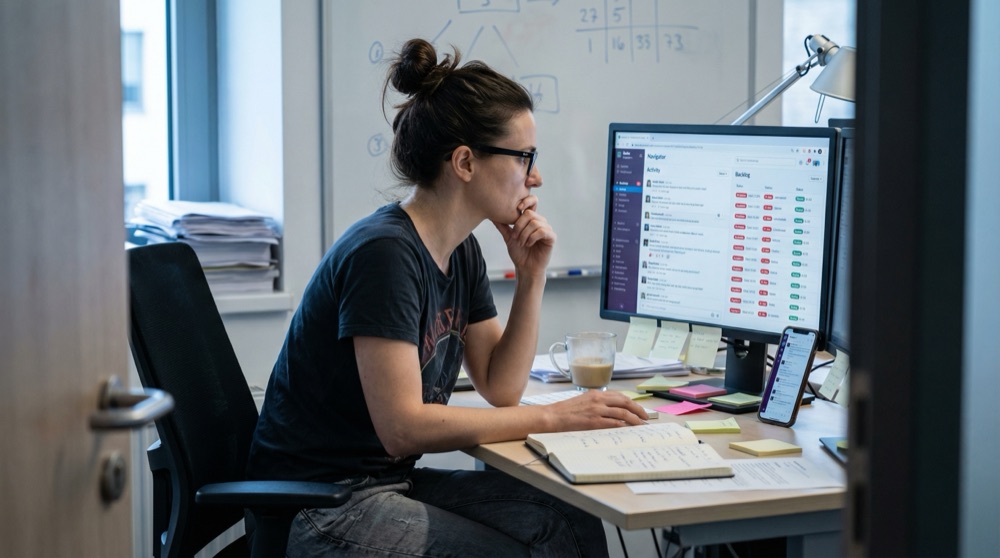 Katja at her desk reviewing Navigator feed on her screen, chin resting on her hand, expression grim