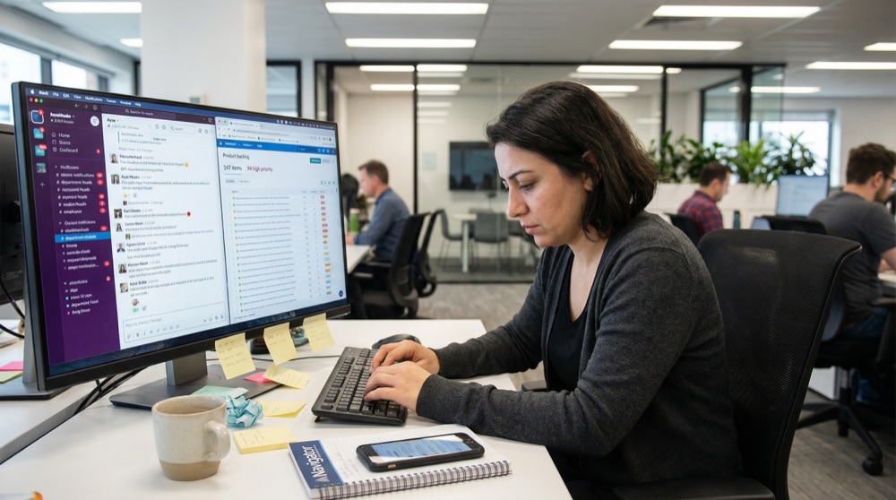 Ayşe at her desk with head slightly bowed, Slack notifications stacking on screen