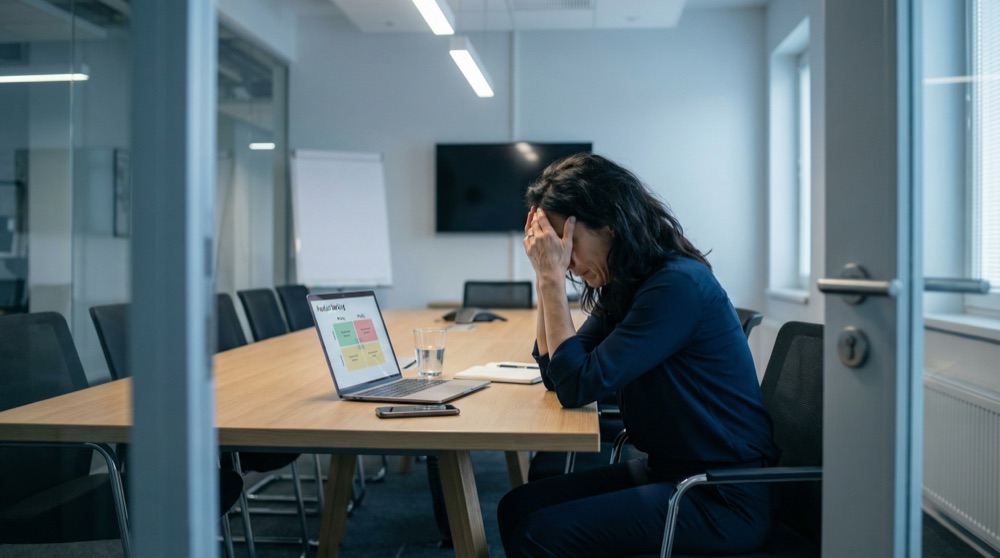 Ayşe alone in an empty conference room, head in her hands, laptop open in front of her showing the backlog
