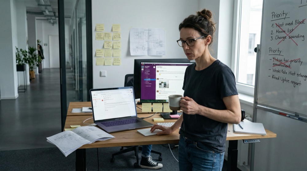 Katja reading the Navigator weekly synthesis on her screen, expression turning grim as the patterns become clear