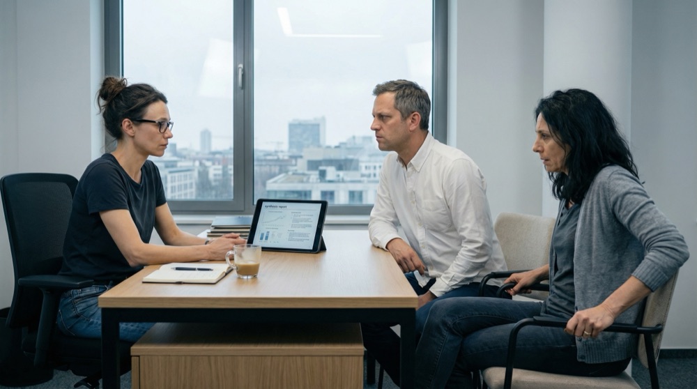 Katja, Ayşe, and Lukas in Katja's office, Lukas holding a tablet with the synthesis report, tension visible in body language