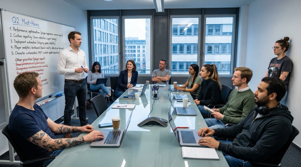 Whiteboard showing exactly five items listed under Q2 Must-Haves, a long list of crossed-out items below, department heads seated at the table
