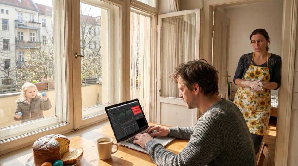 Anton en la mesa de la cocina con el laptop abierto, luz de mañana por las ventanas altas del apartamento, una niña de tres años visible en el patio de abajo sosteniendo un huevo de Pascua pintado