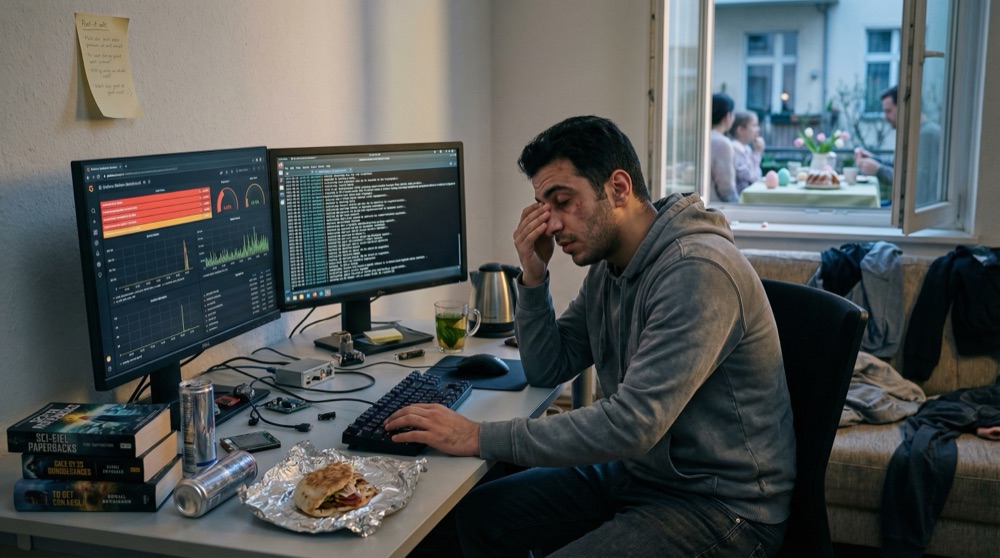 Hassan solo en un escritorio desordenado en un pequeño estudio, dos monitores encendidos, latas vacías de bebida energética y un envoltorio frío de döner junto al teclado, luz del atardecer por una ventana abierta
