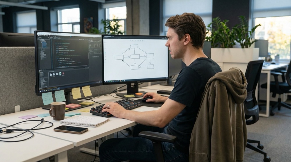 Anton en su escritorio, dos monitores mostrando código, un diagrama de dependencias dibujado a mano tomando forma en una pizarra digital en la segunda pantalla