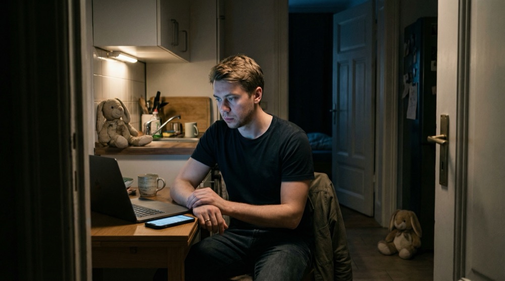 Mesa de cocina de noche, pantalla del laptop brillando, un conejo de peluche de una niña en la encimera, apartamento silencioso