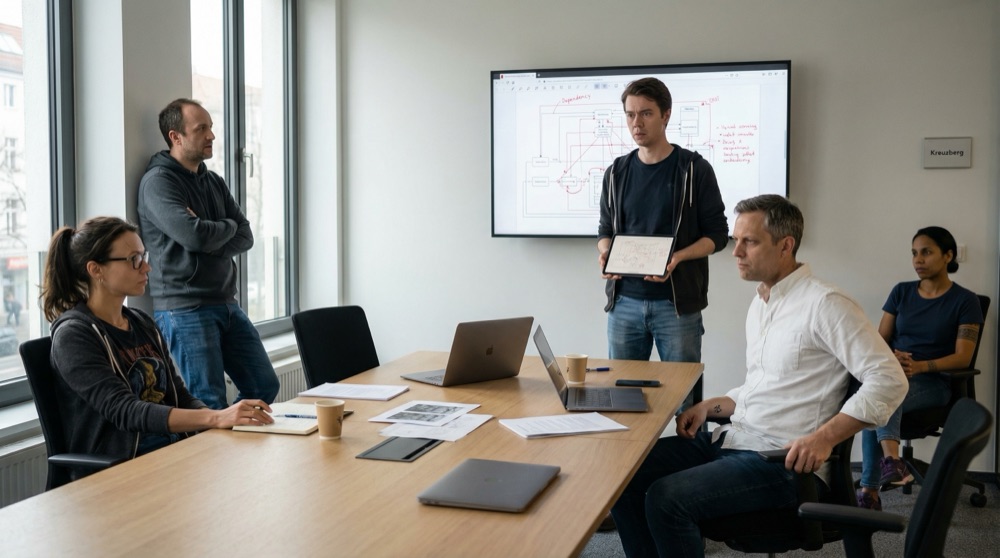 Sala de reuniones con la evaluación técnica de Anton proyectada en la pantalla de la pared, líneas rojas de dependencias visibles, Lukas agarrando el apoyabrazos, Katja y Tomasz observando
