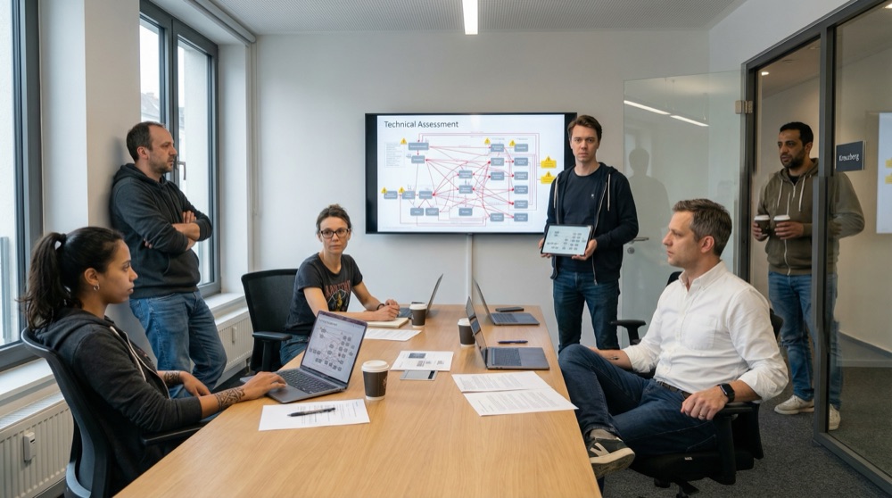 La misma sala de reuniones, Hassan ahora en la puerta sosteniendo un café, ojeras profundas, Mariana inclinándose hacia adelante con su laptop mostrando otro diagrama de dependencias