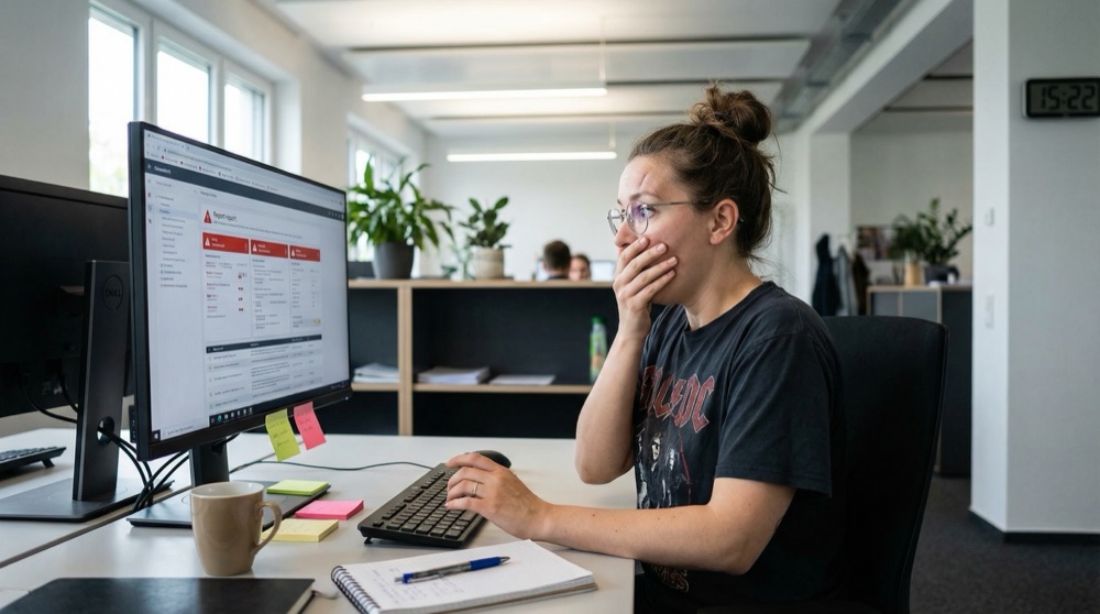 Katja en su escritorio leyendo el correo de la síntesis, mano sobre la boca, pantalla mostrando el reporte semanal con indicadores de alerta rojos