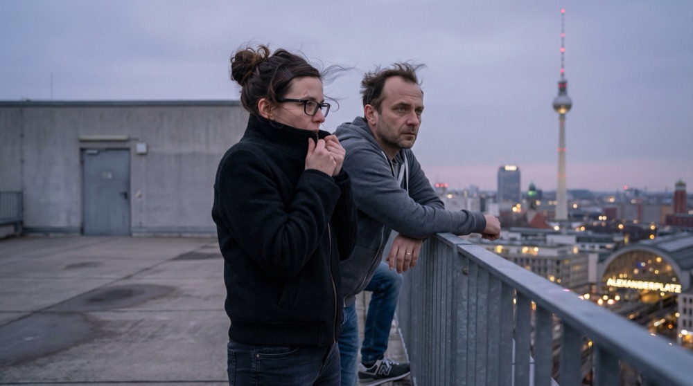 Katja y Tomasz de pie junto a la baranda de una azotea, el skyline de Berlín al atardecer, el Fernsehturm visible contra un cielo gris-púrpura, ambos en chaquetas, viento en el cabello