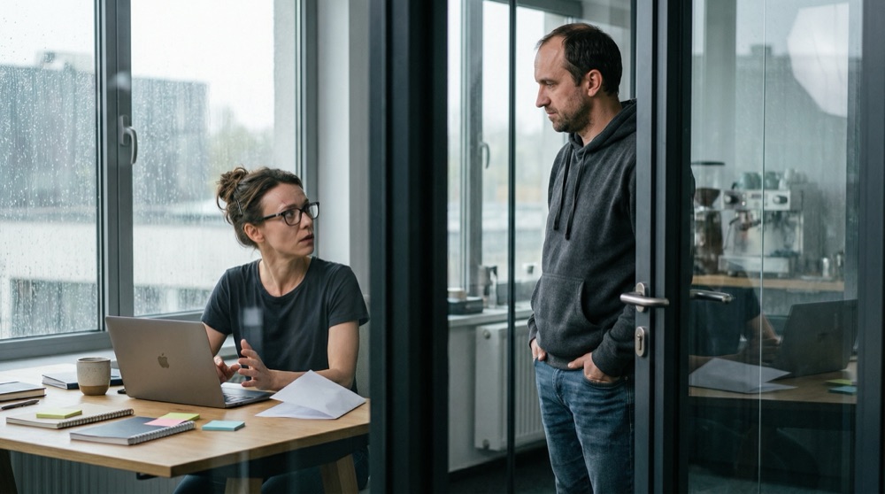 Katja en su escritorio, Tomasz de pie en la puerta de su oficina con paredes de vidrio, manos en los bolsillos de la sudadera, sin sentarse, luz matinal a través de ventanas con rayas de lluvia