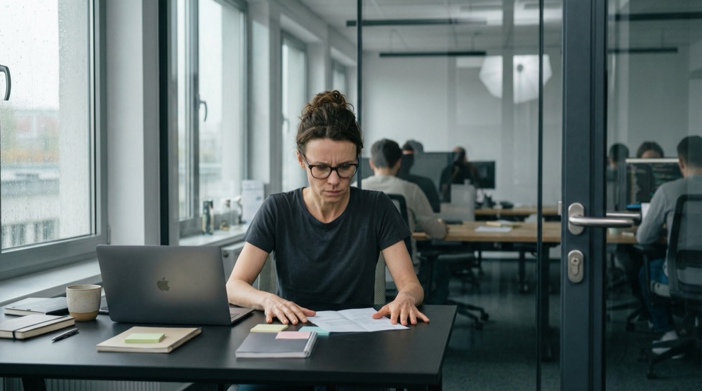 Primer plano de una carta blanca A4 doblada sobre una superficie de escritorio oscura, las manos de Katja presionadas a los lados temblando ligeramente, paredes de vidrio desenfocadas detrás mostrando el piso de desarrollo