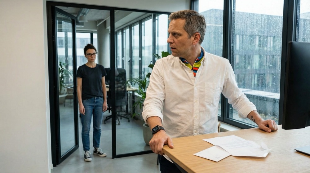 Lukas en su escritorio de pie con el jersey de ciclismo visible bajo su camisa, girándose para enfrentar a Katja que está en su puerta, su expresión alternando entre incredulidad y cálculo