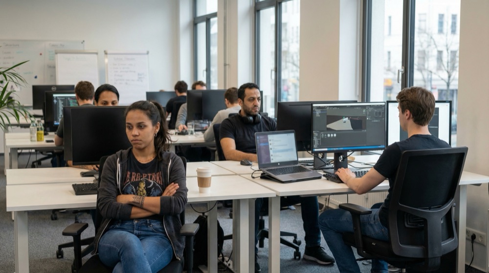 Piso de desarrollo medio vacío con desarrolladores en sus escritorios mirando pantallas sin teclear, una cualidad particular de silencio visible en el lenguaje corporal, el escritorio de Mariana en primer plano con un café intacto