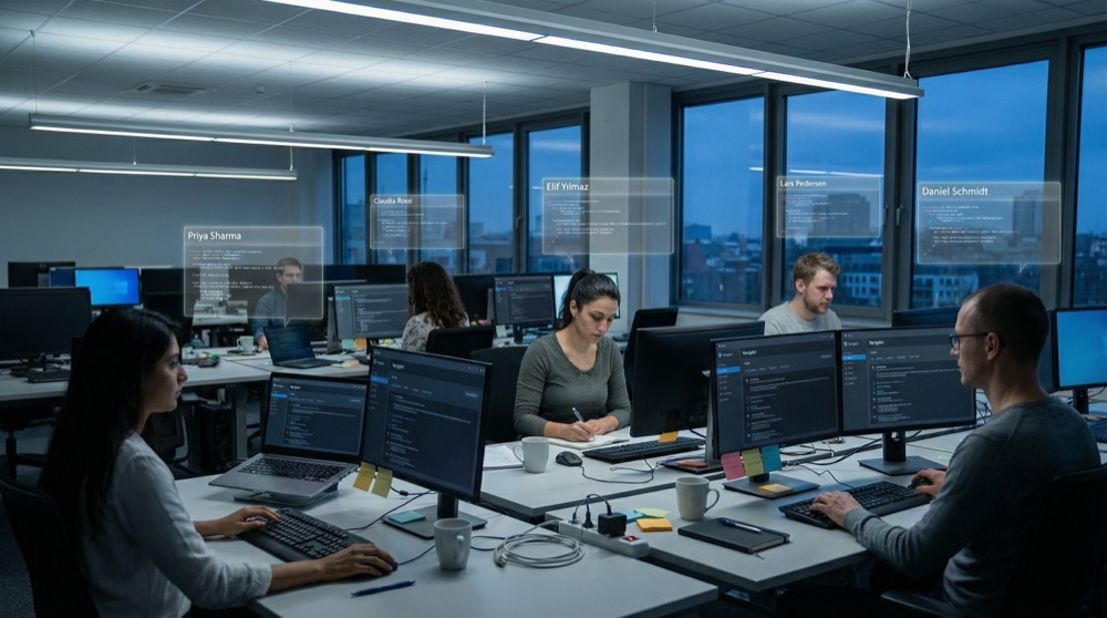 Múltiples estaciones de trabajo de desarrolladores, cada persona pausada a mitad de trabajo escribiendo en Navigator, los logs flotando como fragmentos de texto superpuestos sobre la imagen