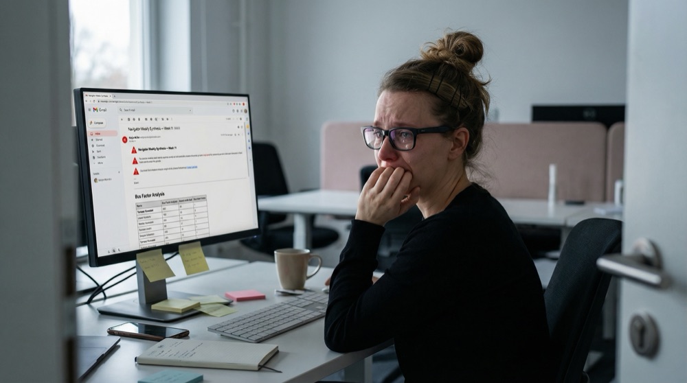 Katja en su escritorio leyendo el email de síntesis, mano contra la boca, pantalla mostrando el reporte semanal con indicadores de advertencia rojos y una tabla de análisis de bus factor