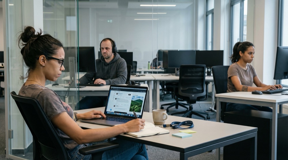 Katja at her desk, browser showing Stefan Richter's X profile with posts about TDD alongside a photo of a green tropical hillside, glass office walls behind her showing the half-empty development floor