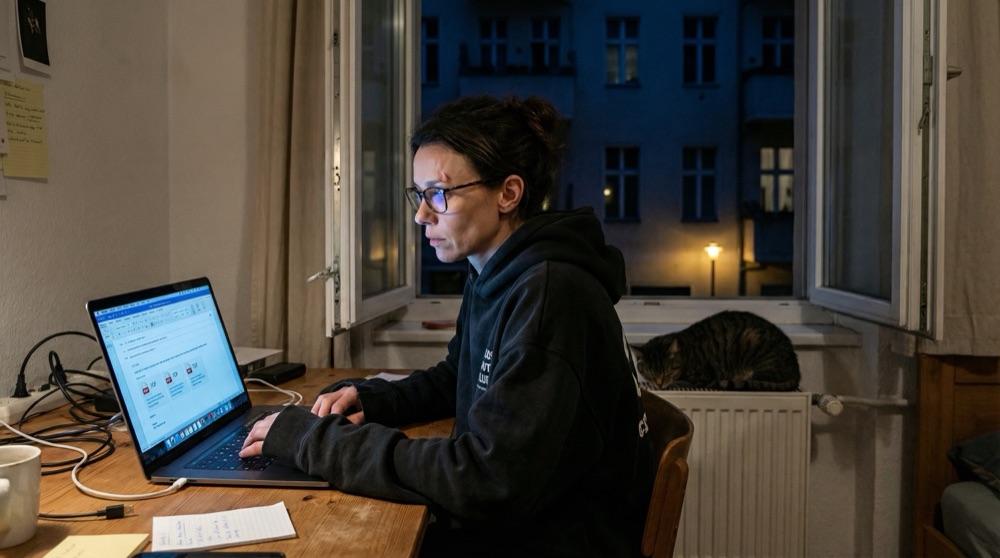 Katja at her small home desk at night, laptop screen casting blue light on her face, draft email visible, Turing the cat asleep on the radiator behind her, open window showing quiet Kreuzberg courtyard