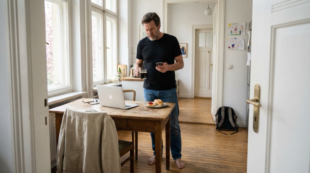 Stefan at a kitchen table in a bright Wilmersdorf apartment, morning light through tall windows, MacBook open, black coffee and half-eaten Brötchen on a plate, a teenager's backpack by the door